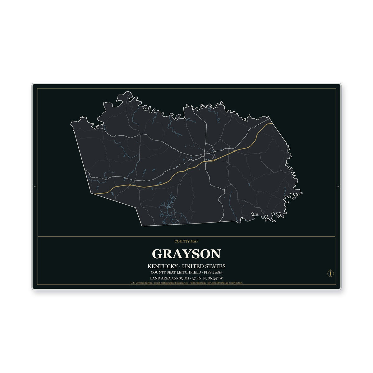 Grayson County, Kentucky Map Aluminum Sign in Metropolitan Noir style