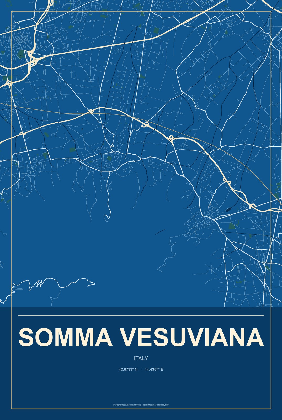 Somma Vesuviana, Italy City Map Aluminum Sign in Harbor Cobalt style