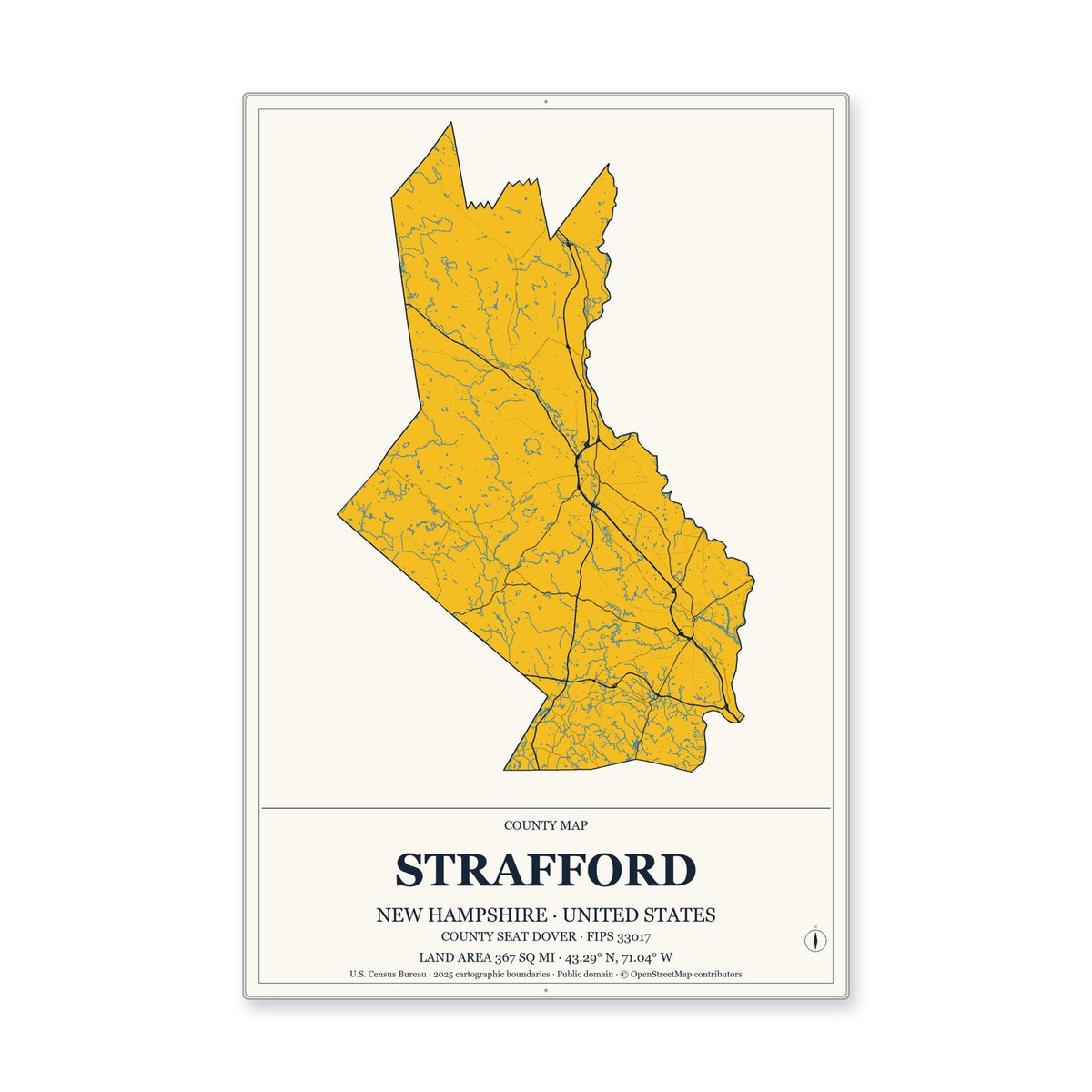 Strafford County, New Hampshire Map Aluminum Sign in Citrine Modern style