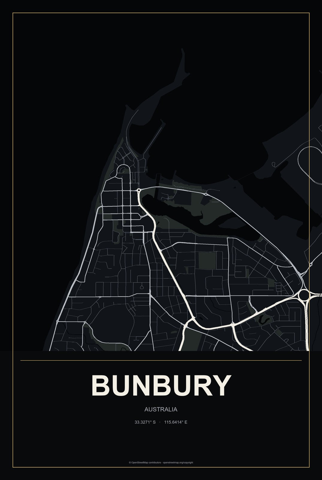 Bunbury, Australia City Map Aluminum Sign in Metropolitan Noir style