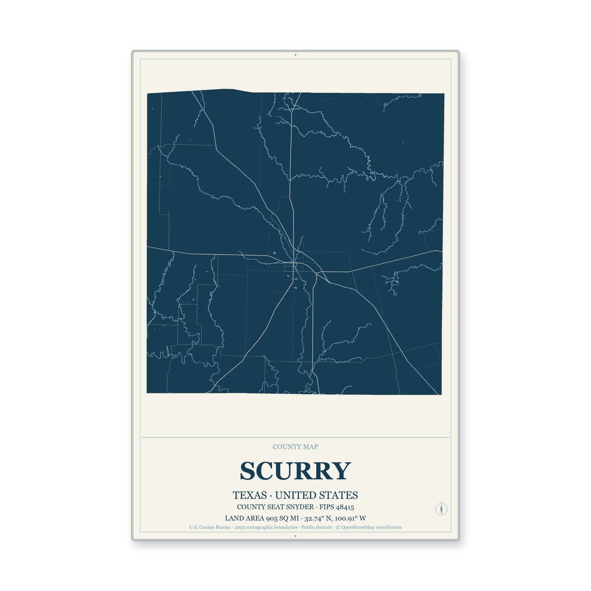 Scurry County, Texas Map Aluminum Sign in Coastal Cutout style