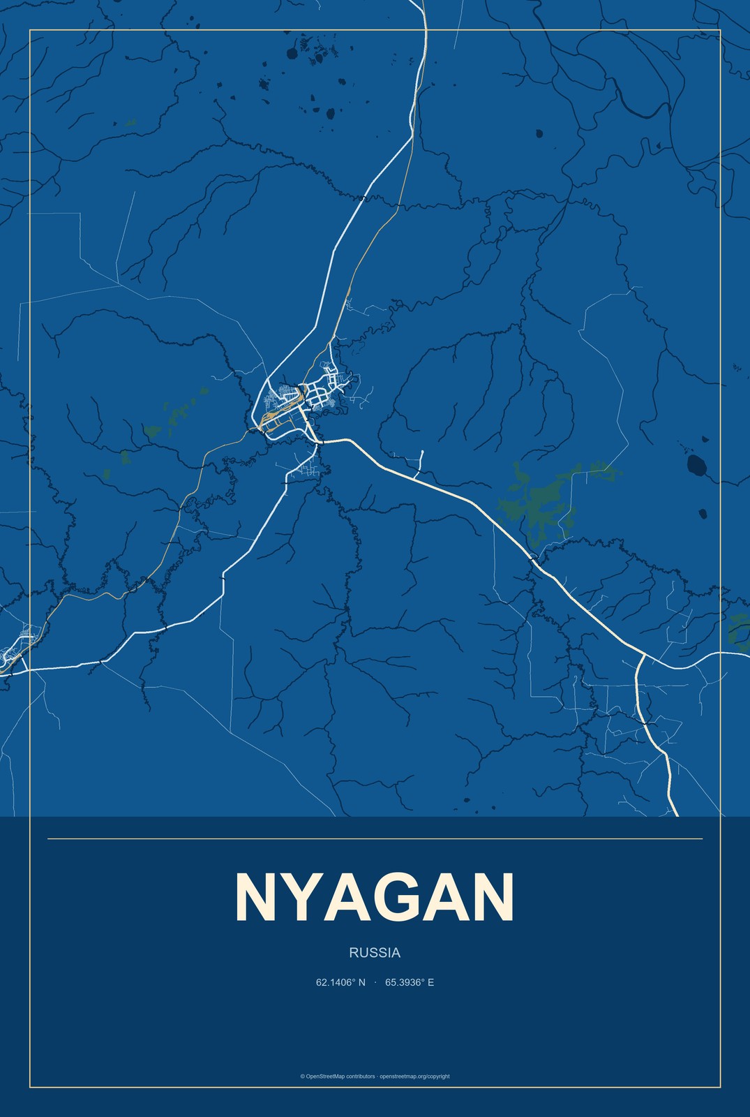 Nyagan, Russia City Map Aluminum Sign in Harbor Cobalt style