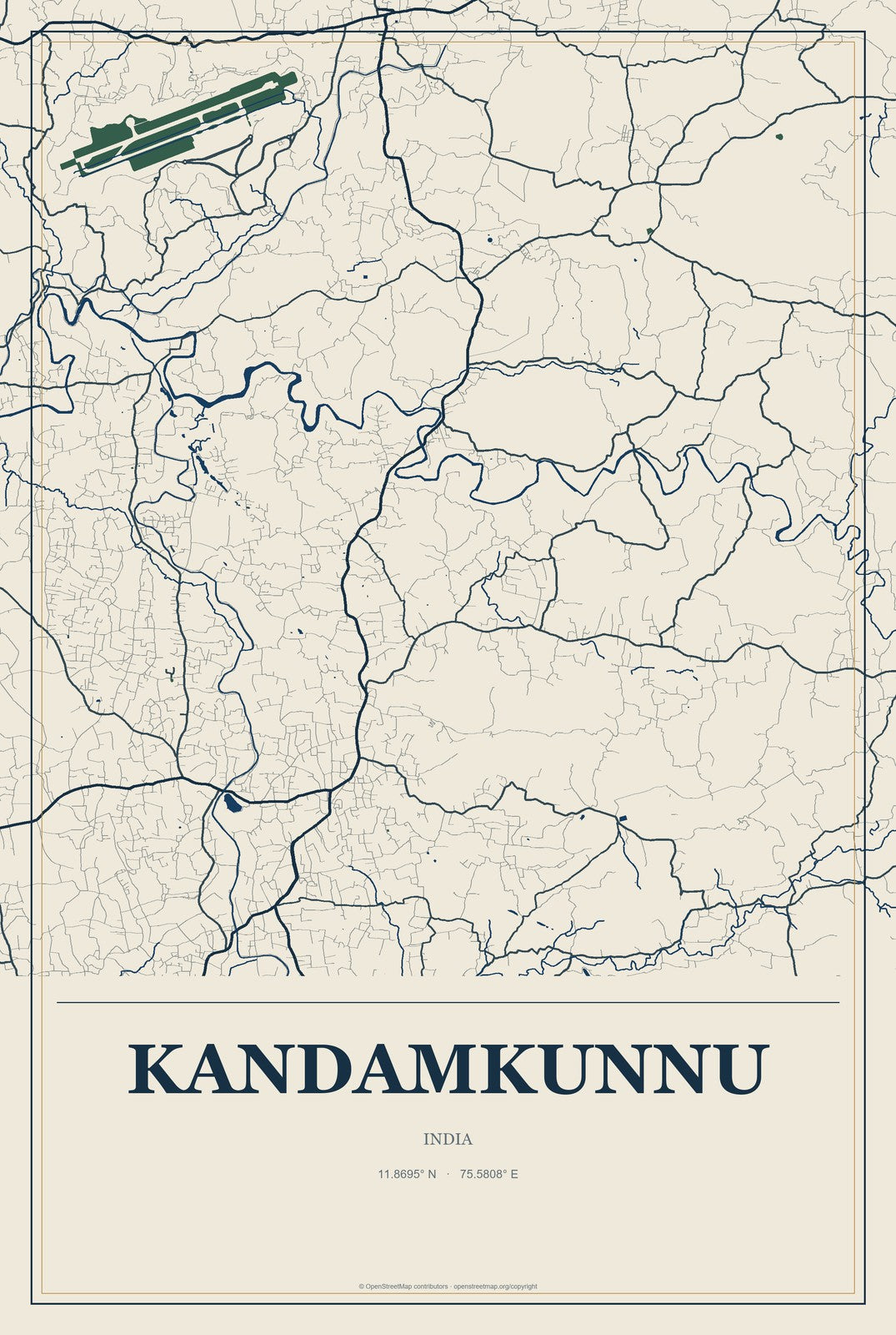 Kandamkunnu, India City Map Aluminum Sign in Coastal Cutout style