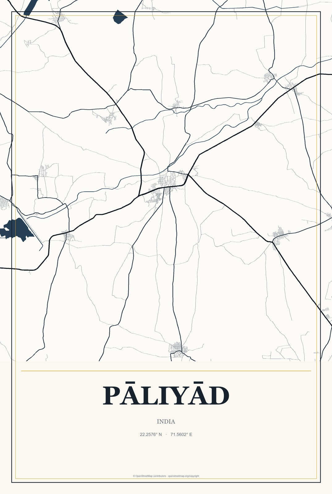 Pāliyād, India City Map Aluminum Sign in Citrine Modern style