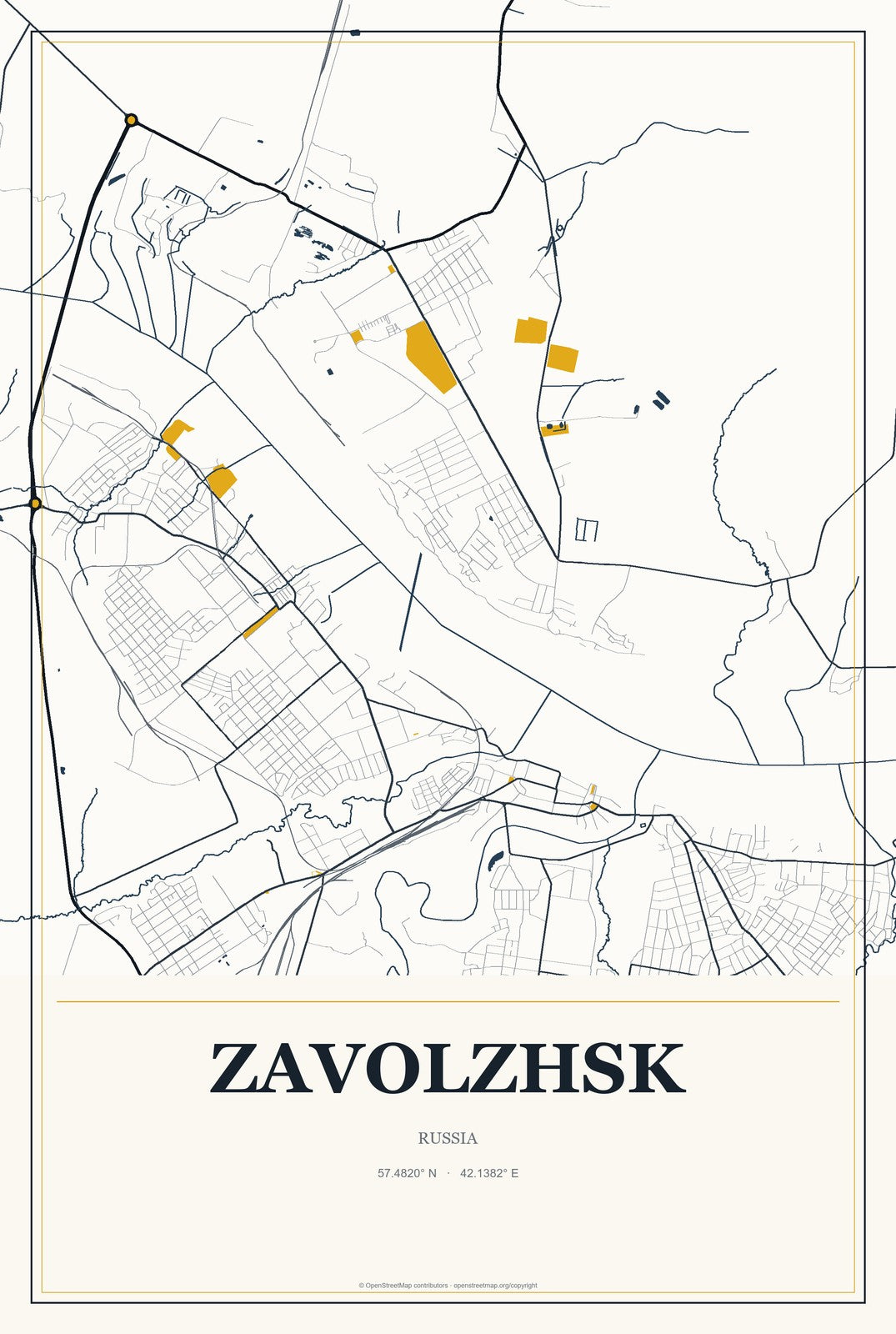 Zavolzhsk, Russia City Map Aluminum Sign in Citrine Modern style