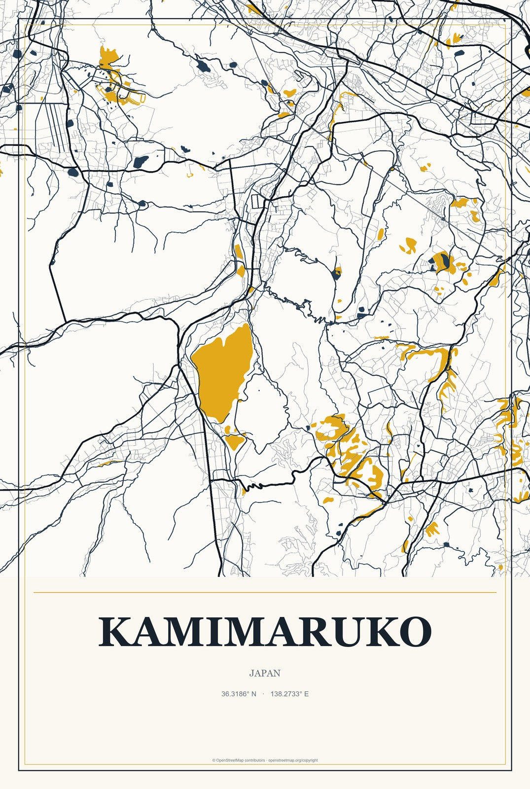 Kamimaruko, Japan City Map Aluminum Sign in Citrine Modern style