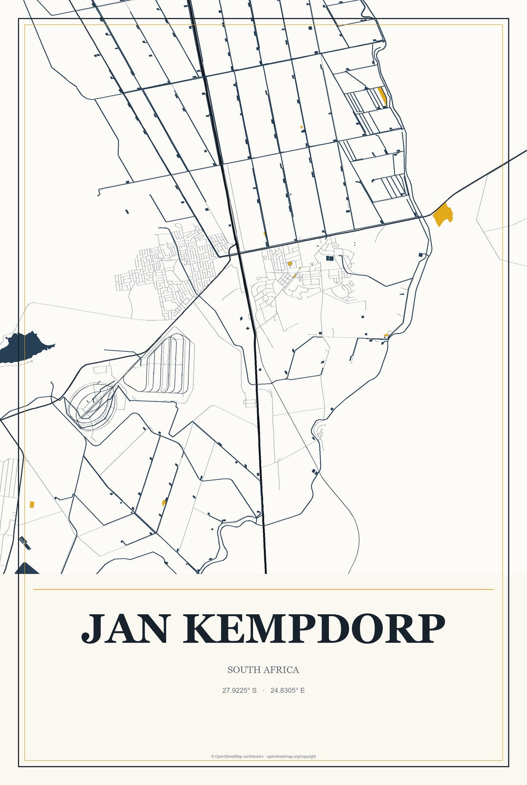 Jan Kempdorp, South Africa City Map Aluminum Sign in Citrine Modern style
