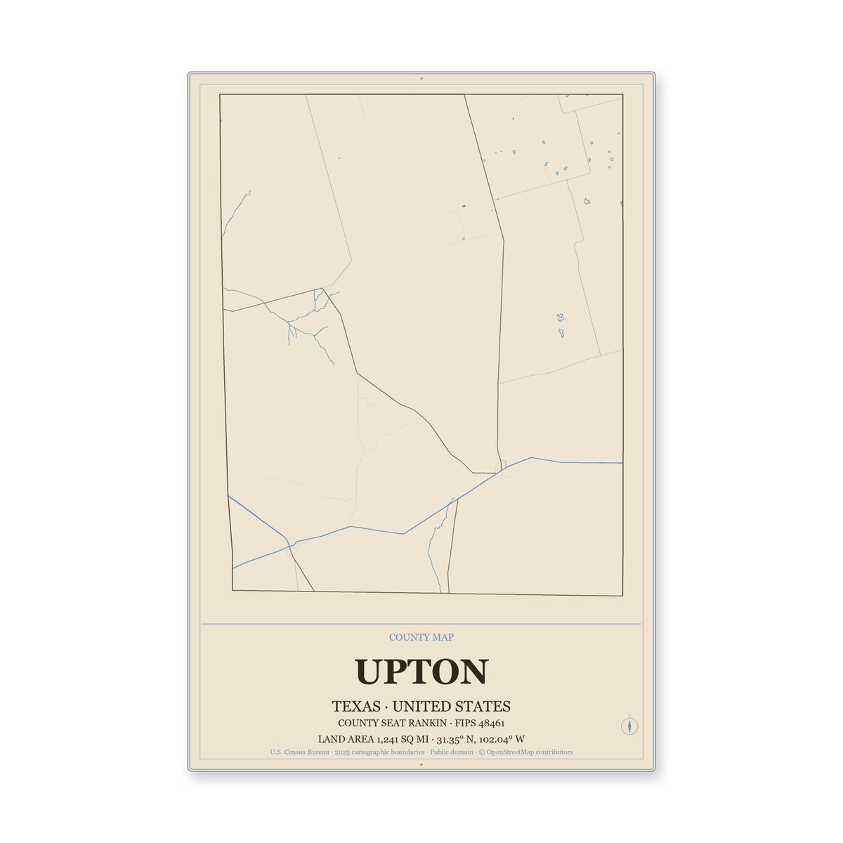 Upton County, Texas Map Aluminum Sign in Heritage Nautical style