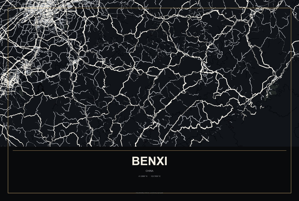 Benxi, China City Map Aluminum Sign in Metropolitan Noir style
