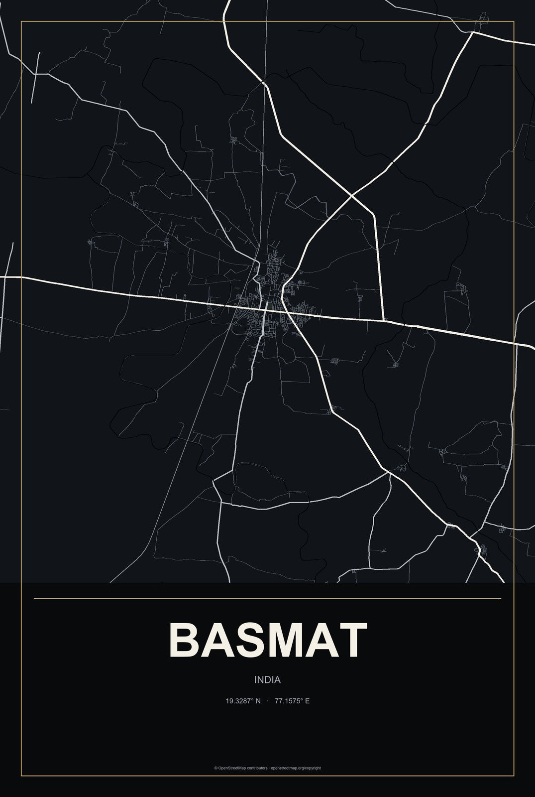 Basmat, India City Map Aluminum Sign in Metropolitan Noir style