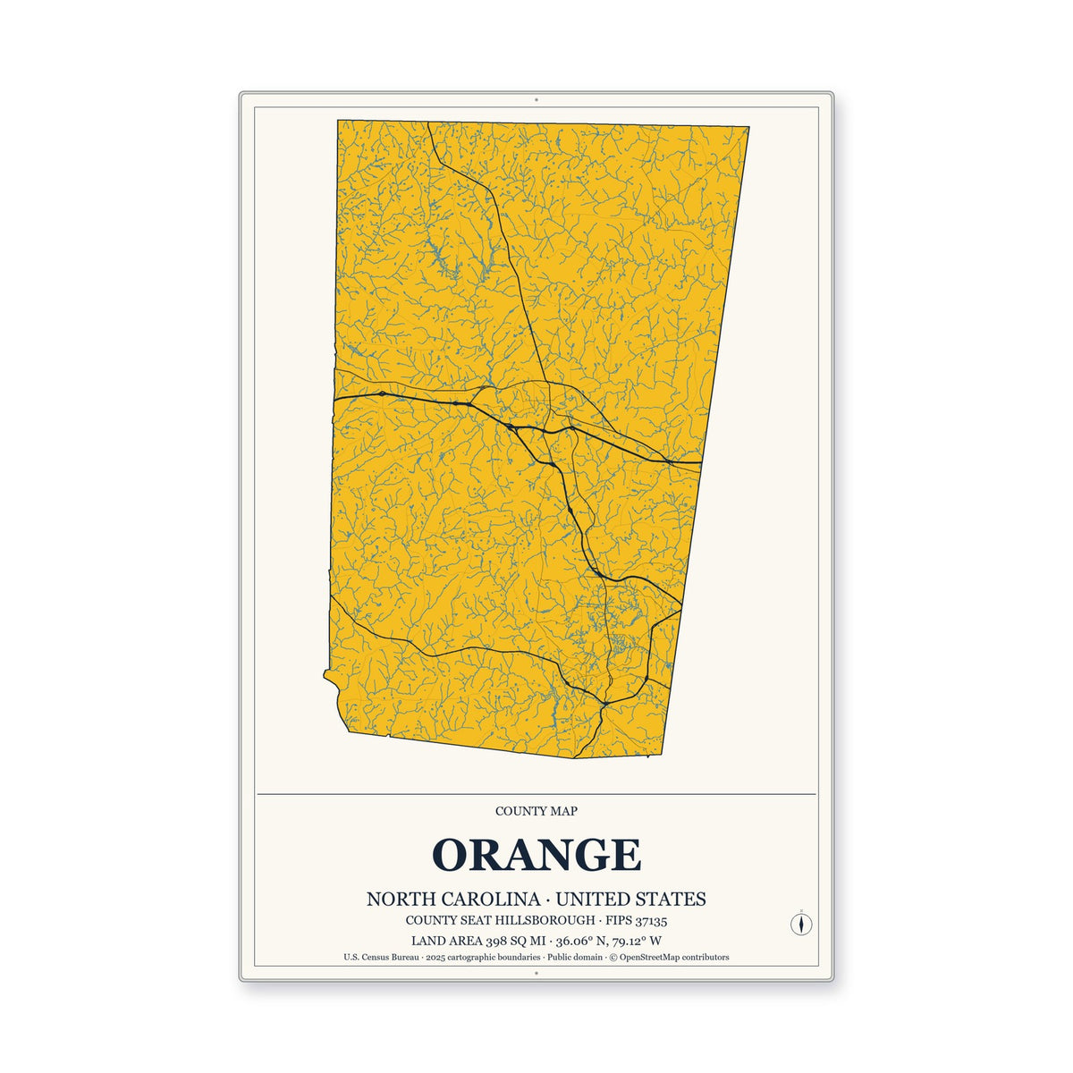 Orange County, North Carolina Map Aluminum Sign in Citrine Modern style