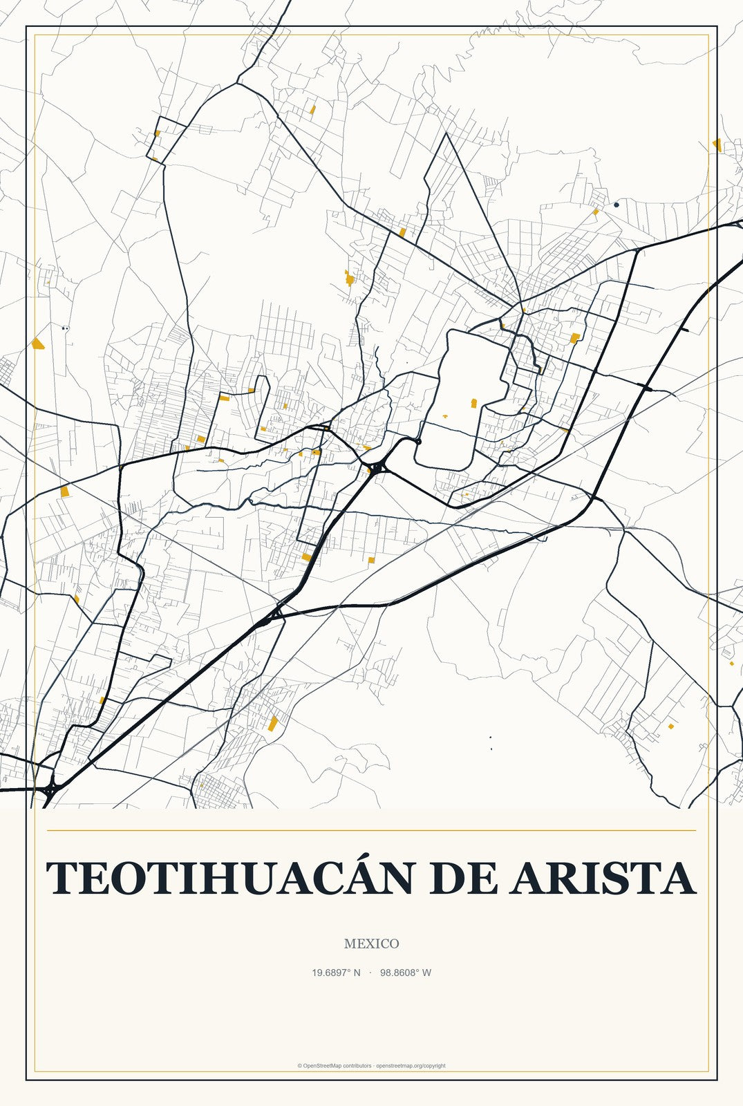 Teotihuacán de Arista, Mexico City Map Aluminum Sign in Citrine Modern style