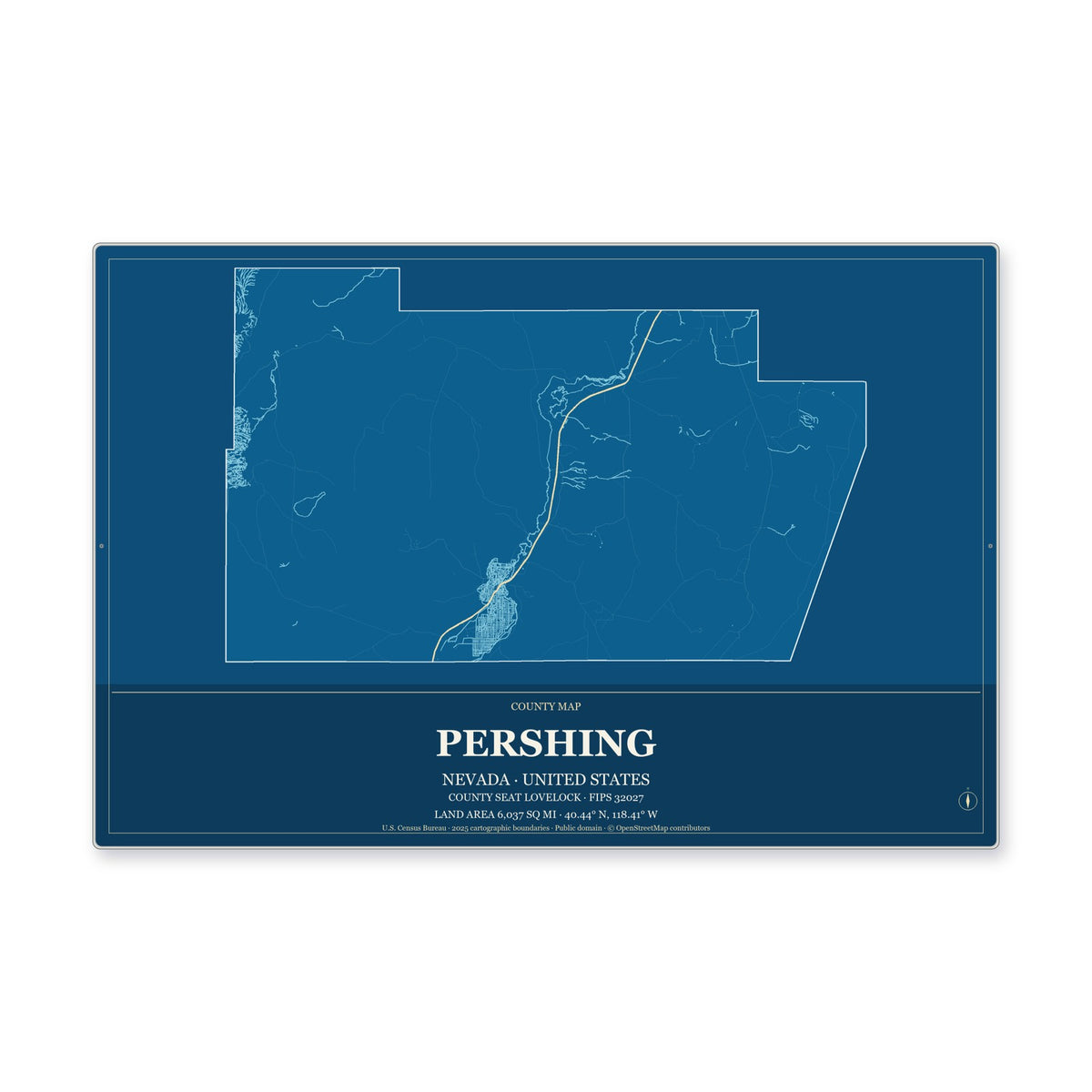 Pershing County, Nevada Map Aluminum Sign in Harbor Cobalt style