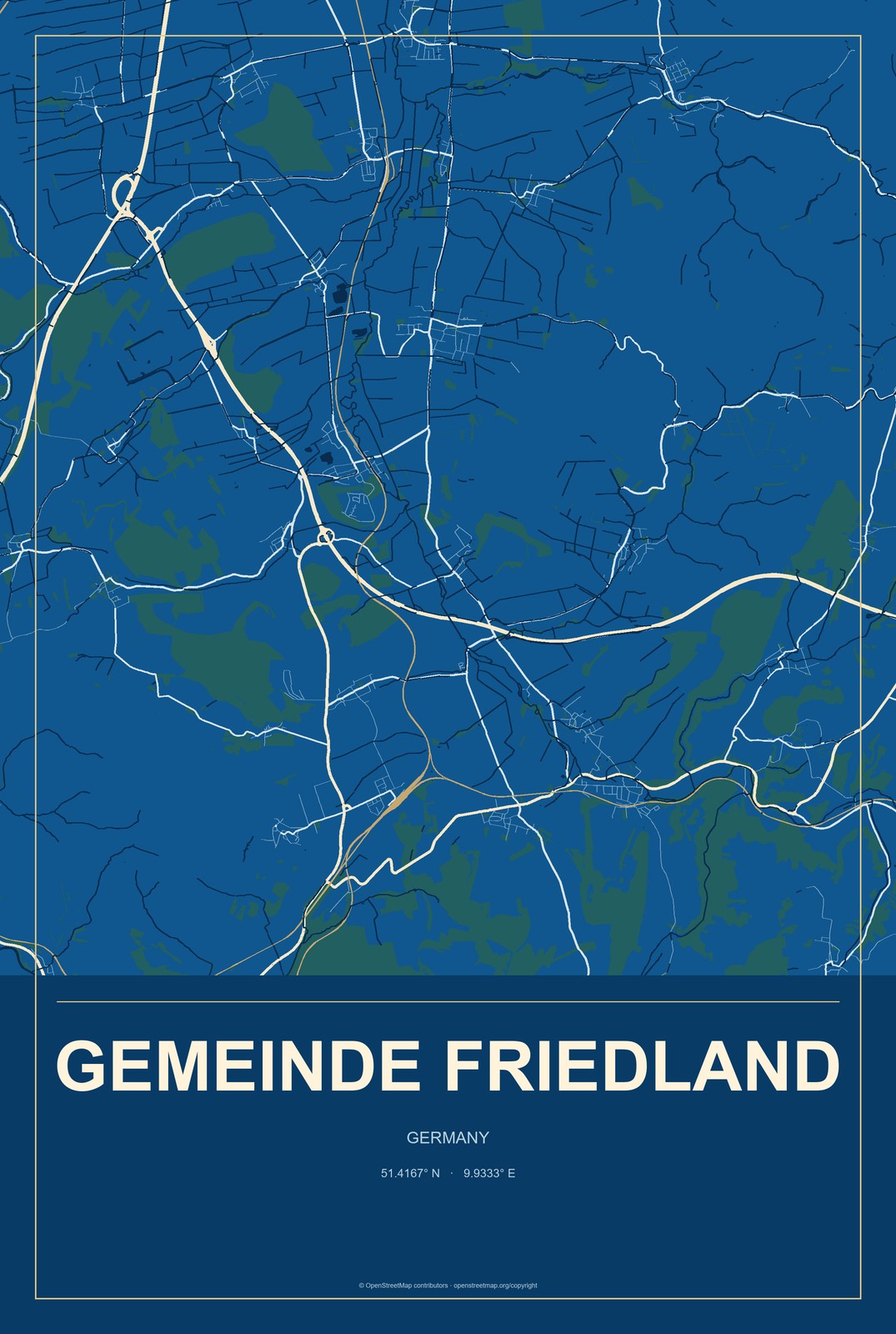 Gemeinde Friedland, Germany City Map Aluminum Sign in Harbor Cobalt style