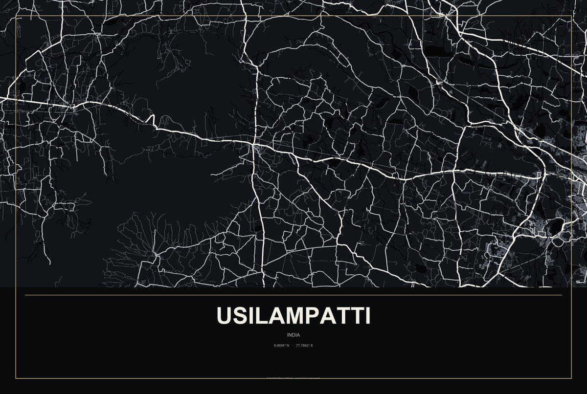 Usilampatti, India City Map Aluminum Sign in Metropolitan Noir style