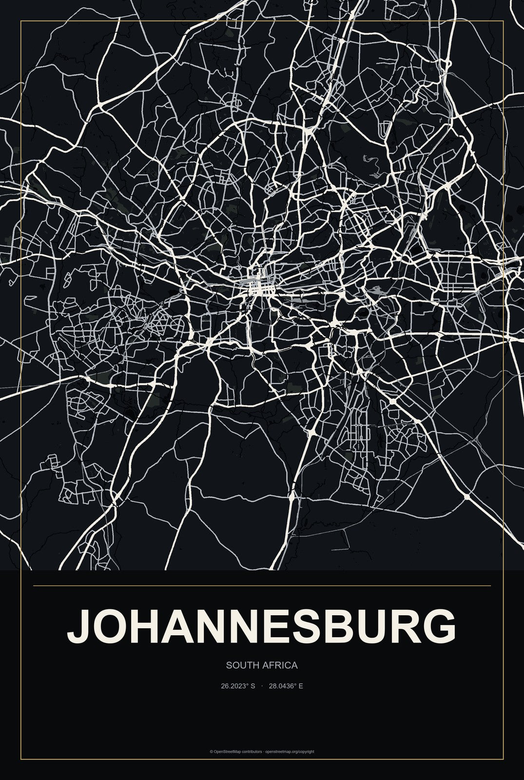 Johannesburg, South Africa City Map Aluminum Sign in Metropolitan Noir style