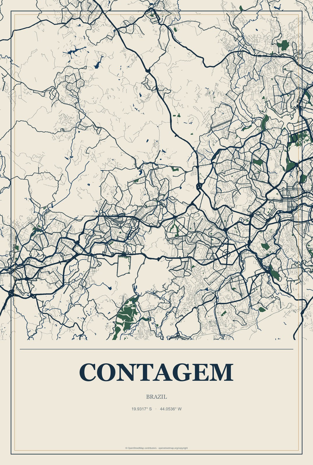 Contagem, Brazil City Map Aluminum Sign in Coastal Cutout style