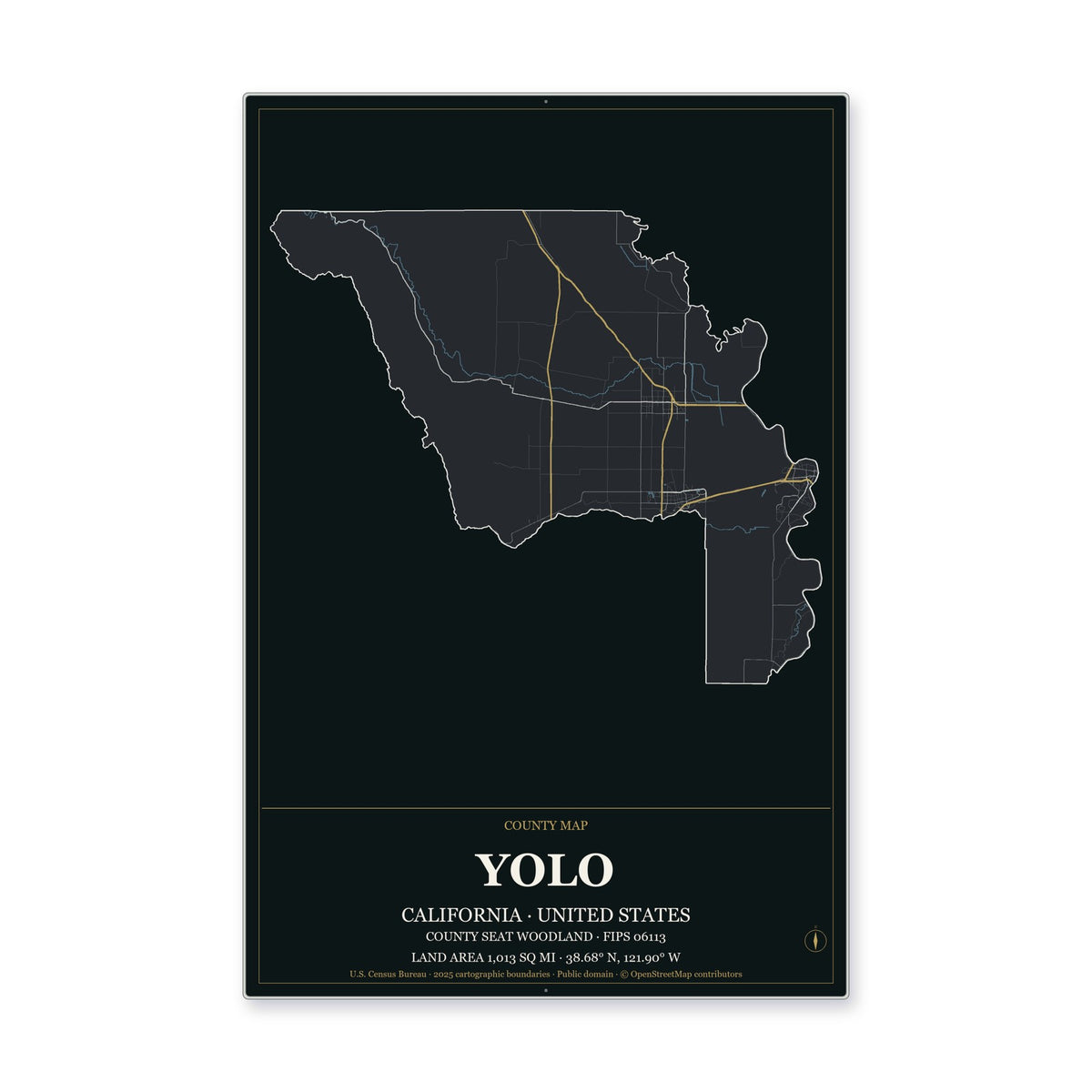 Yolo County, California Map Aluminum Sign in Metropolitan Noir style