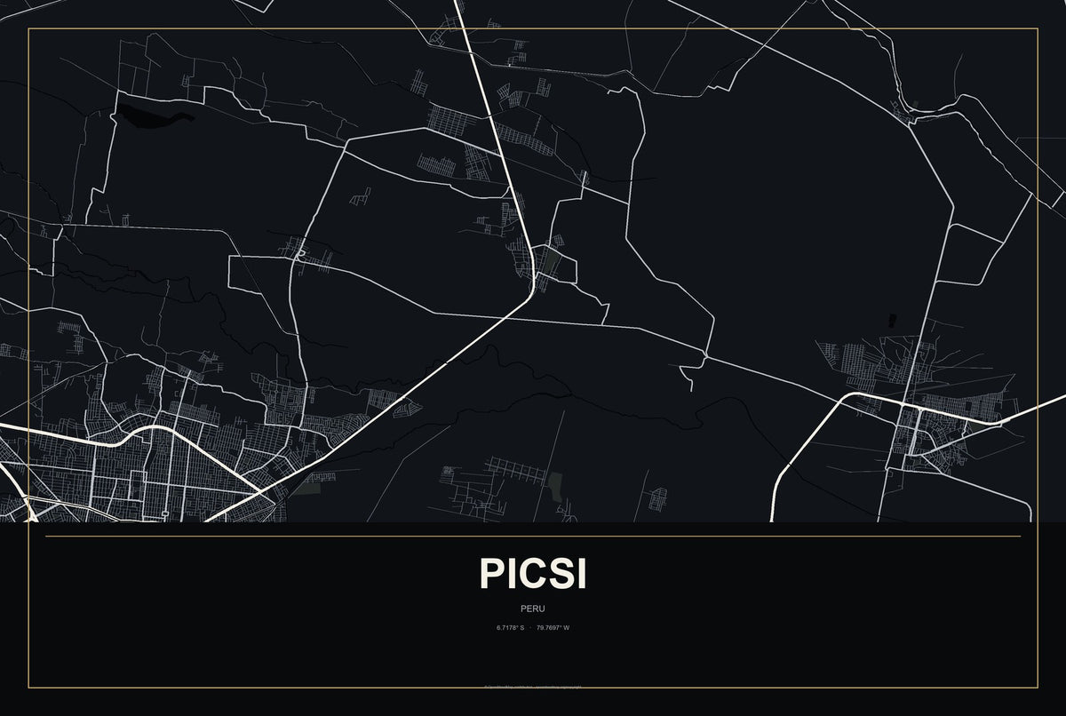 Picsi, Peru City Map Aluminum Sign in Metropolitan Noir style