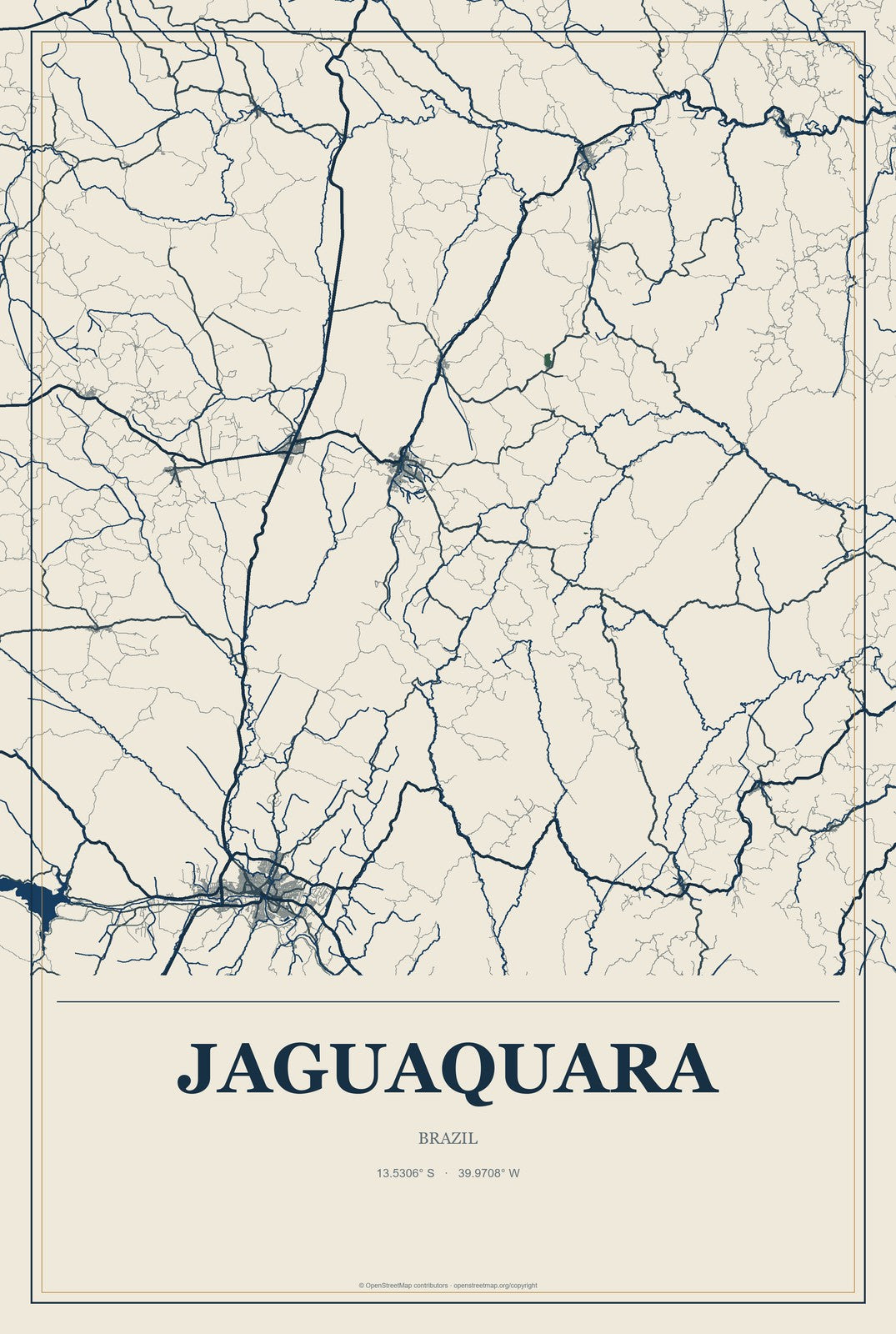 Jaguaquara, Brazil City Map Aluminum Sign in Coastal Cutout style