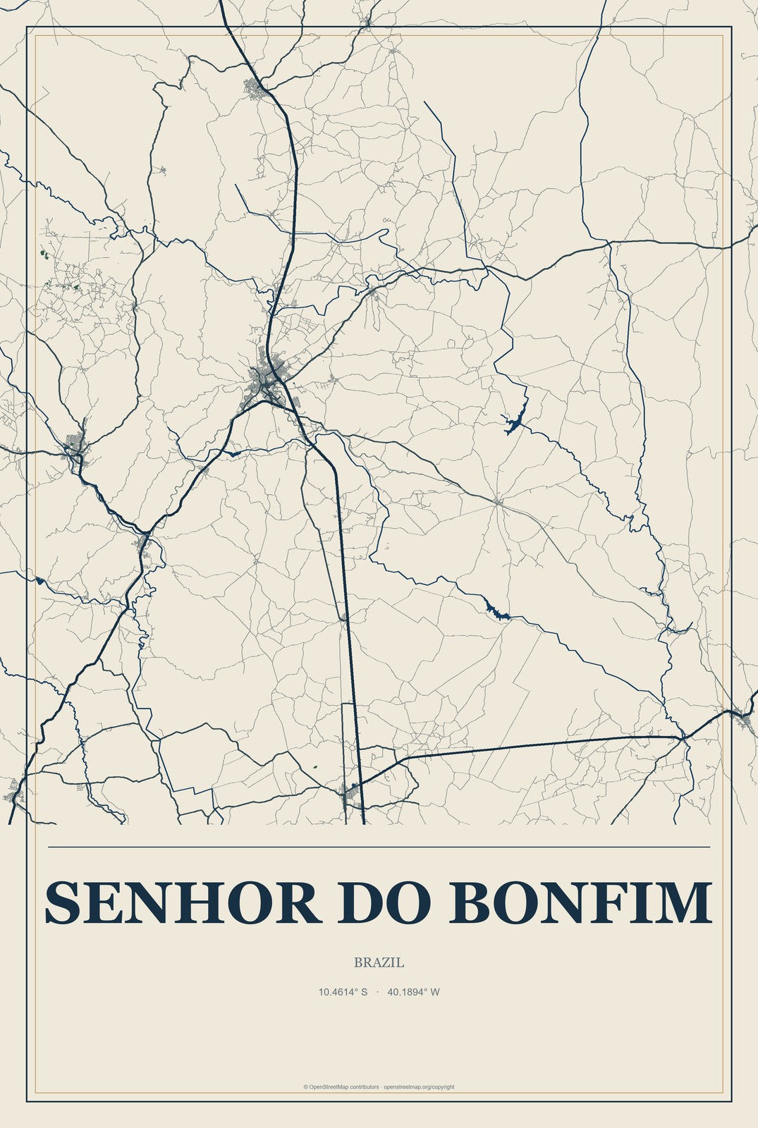 Senhor do Bonfim, Brazil City Map Aluminum Sign in Coastal Cutout style