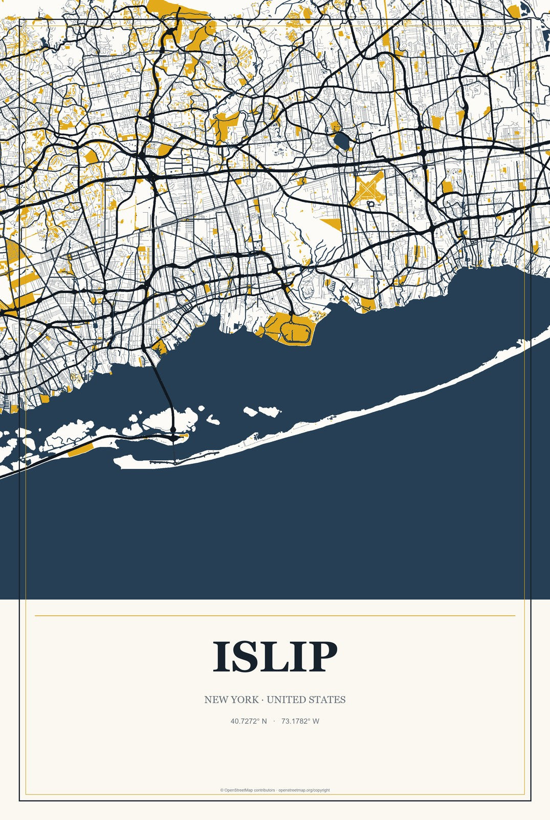 Islip, New York City Map Aluminum Sign in Citrine Modern style
