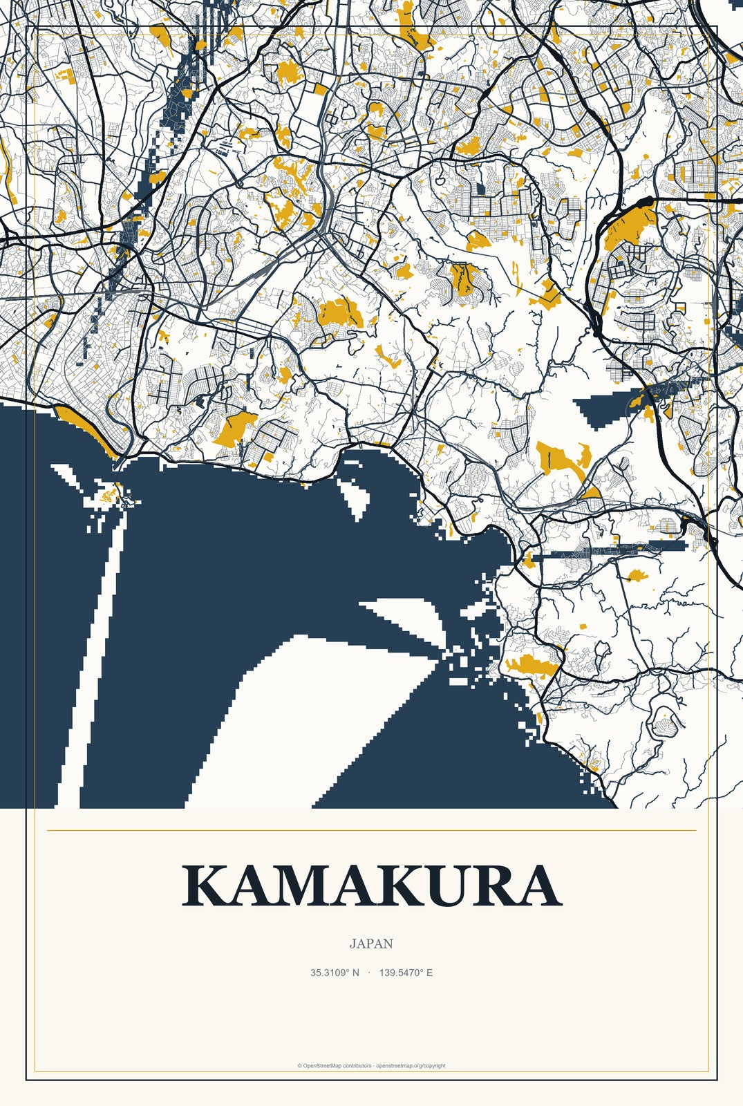 Kamakura, Japan City Map Aluminum Sign in Citrine Modern style