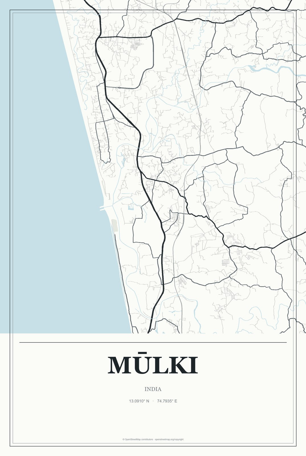 Mūlki, India City Map Aluminum Sign in Gallery Air style