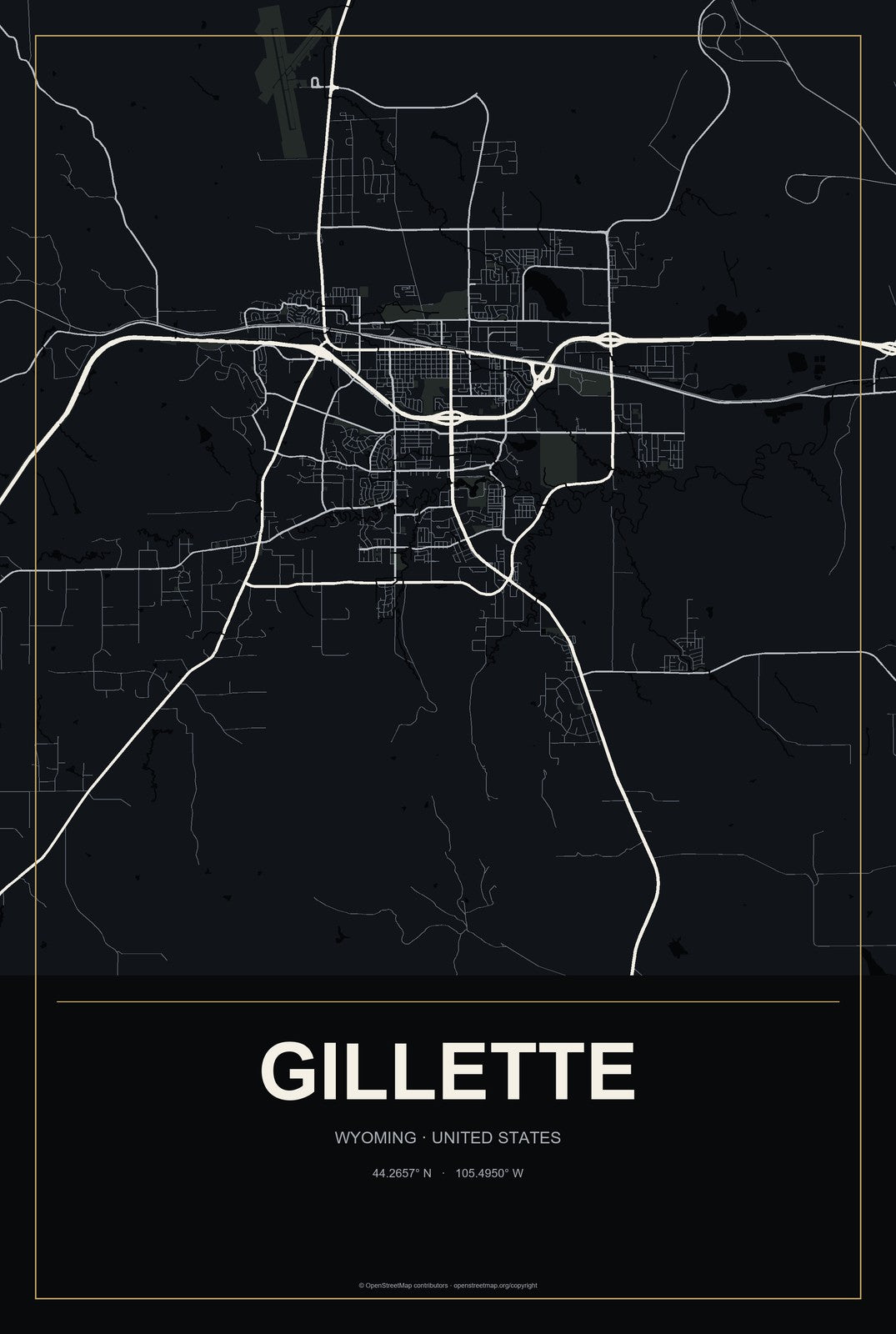 Gillette, Wyoming City Map Aluminum Sign in Metropolitan Noir style