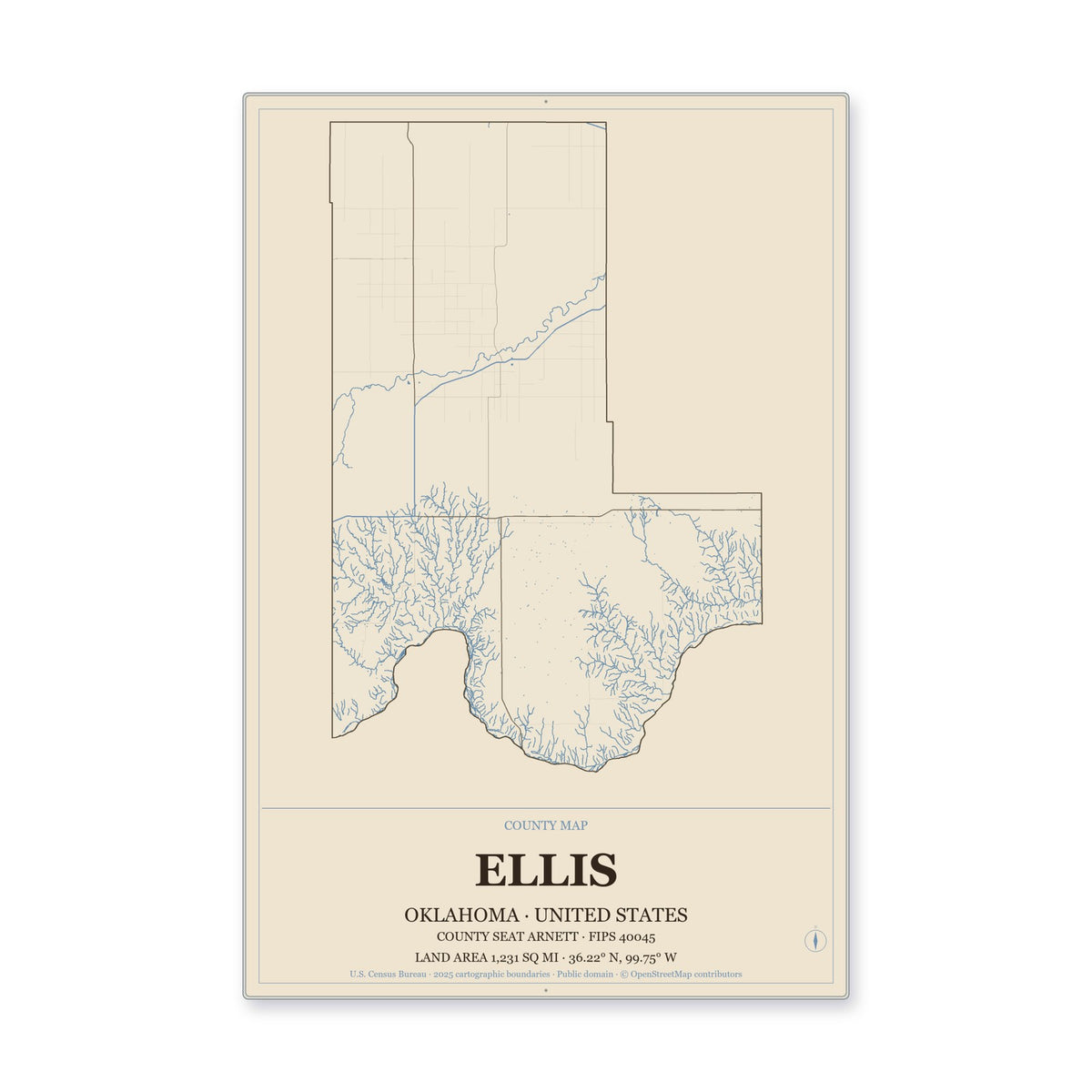 Ellis County, Oklahoma Map Aluminum Sign in Heritage Nautical style