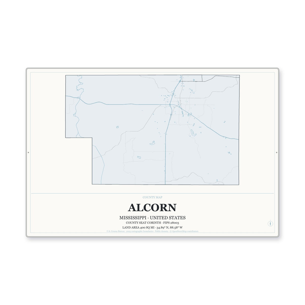 Alcorn County, Mississippi Map Aluminum Sign in Gallery Air style