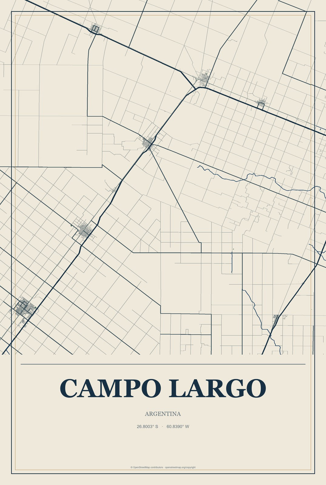 Campo Largo, Argentina City Map Aluminum Sign in Coastal Cutout style