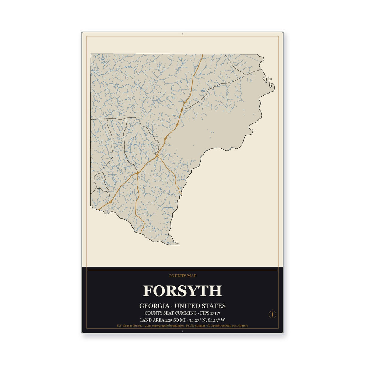 Forsyth County, Georgia Map Aluminum Sign in Museum Plaque style