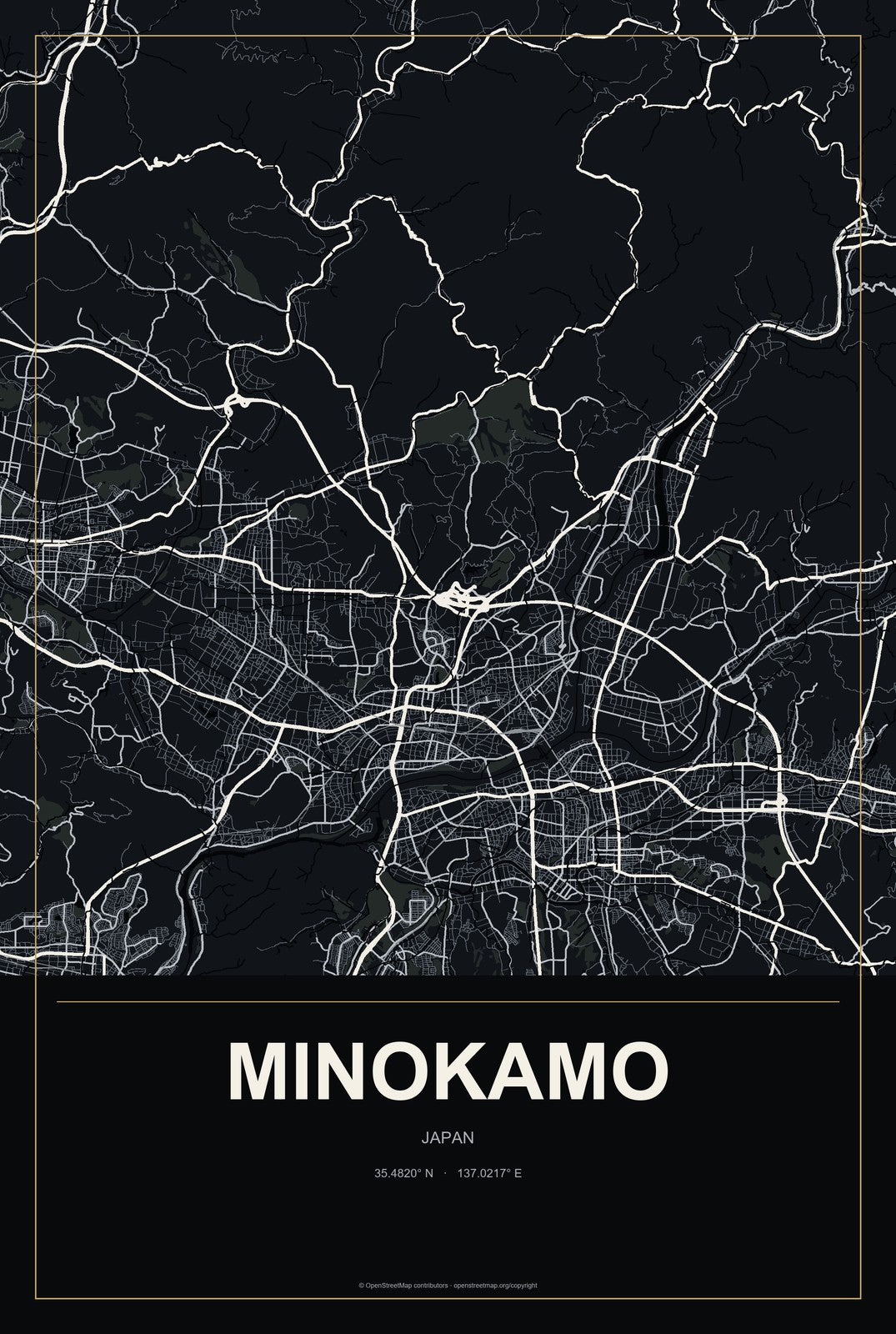 Minokamo, Japan City Map Aluminum Sign in Metropolitan Noir style