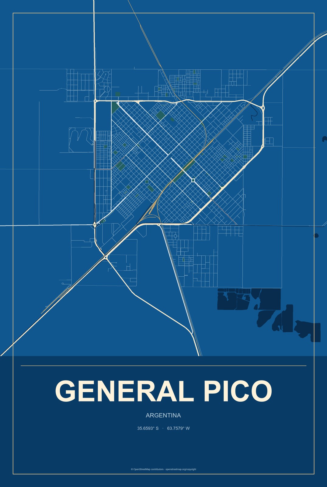 General Pico, Argentina City Map Aluminum Sign in Harbor Cobalt style