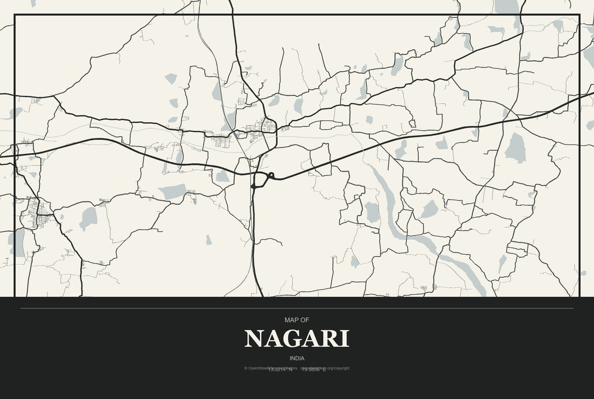 Nagari, India City Map Aluminum Sign in Museum Plaque style