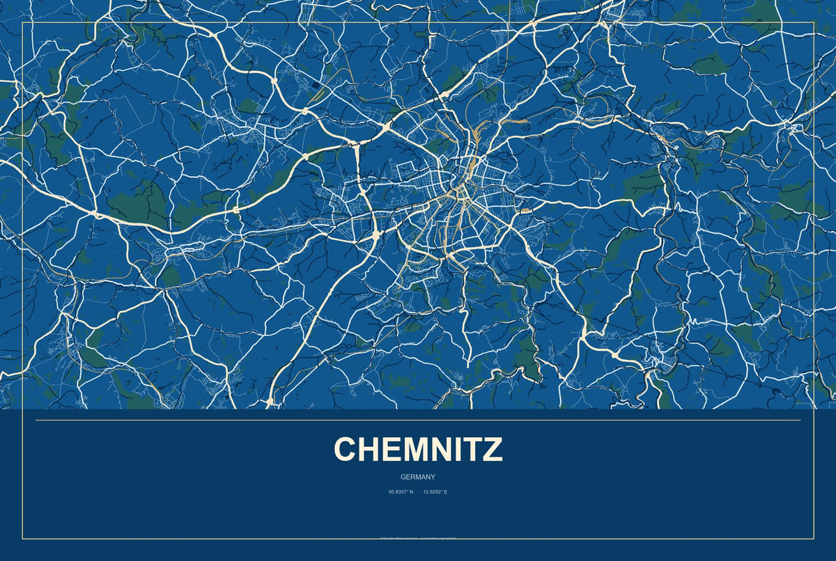 Chemnitz, Germany City Map Aluminum Sign in Harbor Cobalt style