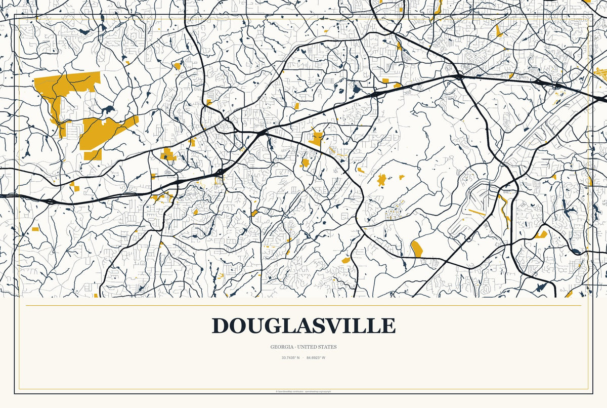 Douglasville, Georgia City Map Aluminum Sign in Citrine Modern style
