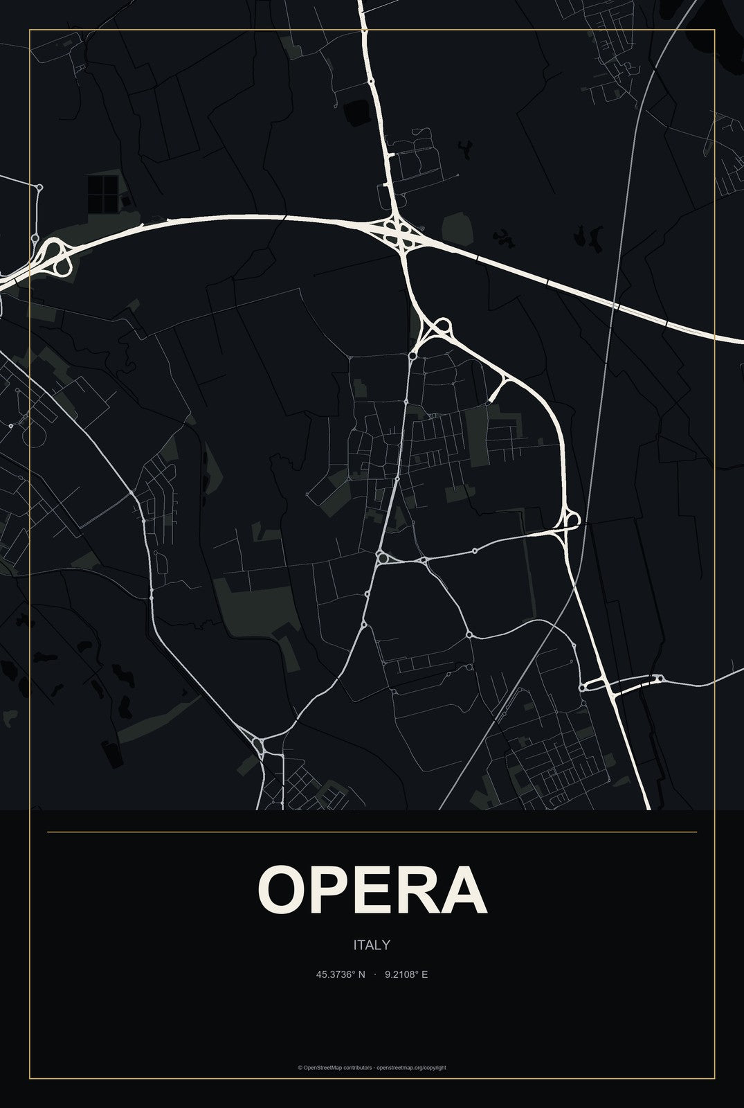 Opera, Italy City Map Aluminum Sign in Metropolitan Noir style
