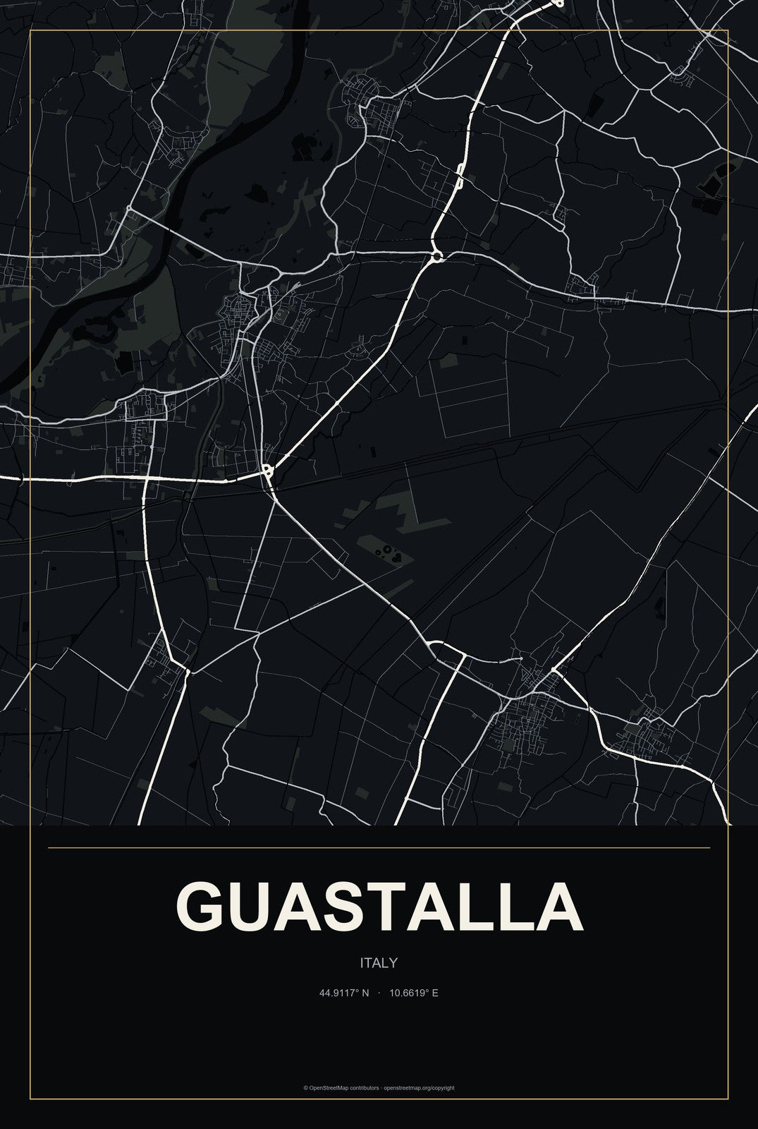Guastalla, Italy City Map Aluminum Sign in Metropolitan Noir style