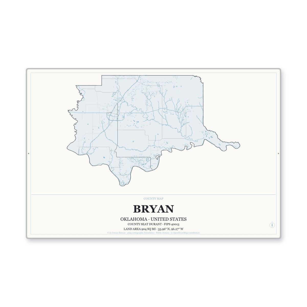 Bryan County, Oklahoma Map Aluminum Sign in Gallery Air style