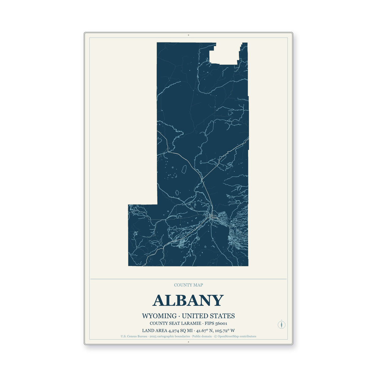 Albany County, Wyoming Map Aluminum Sign in Coastal Cutout style