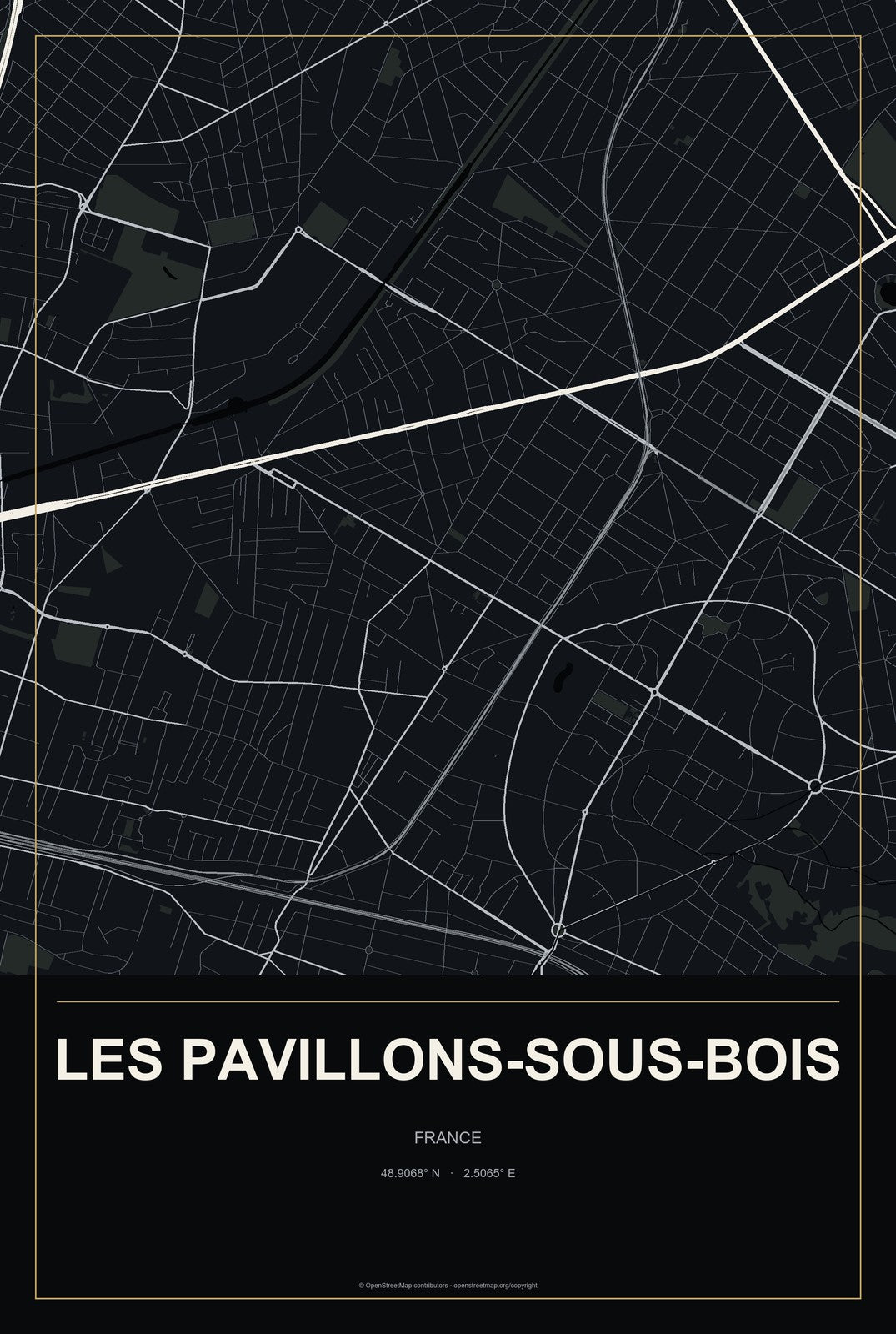 Les Pavillons-sous-Bois, France City Map Aluminum Sign in Metropolitan Noir style
