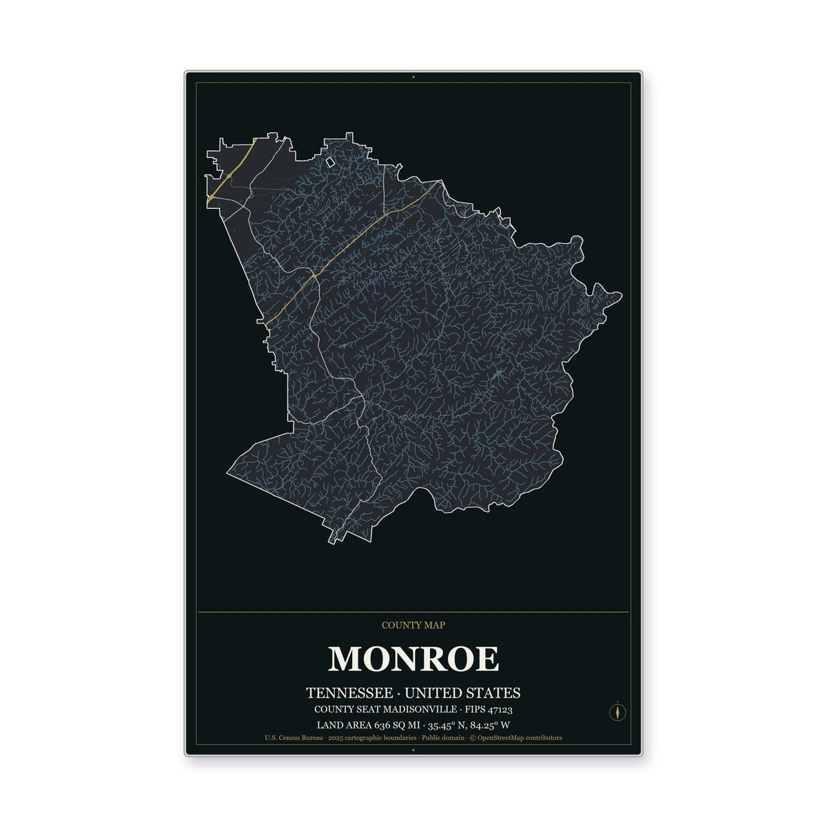 Monroe County, Tennessee Map Aluminum Sign in Metropolitan Noir style