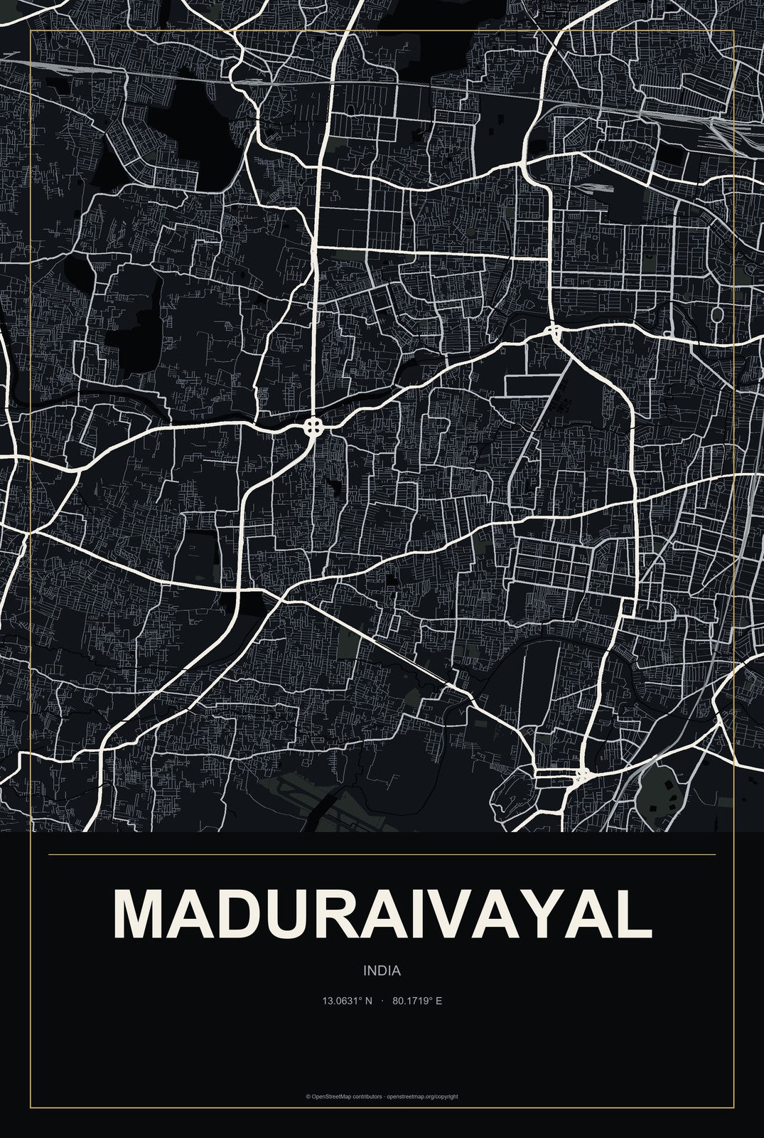 Maduraivayal, India City Map Aluminum Sign in Metropolitan Noir style