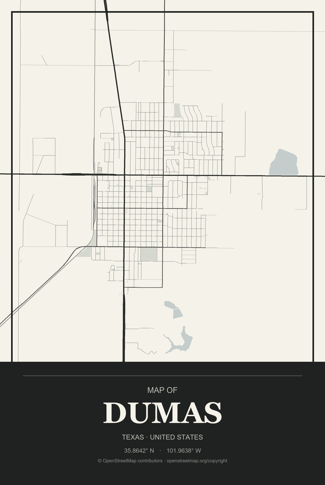 Dumas, Texas City Map Aluminum Sign in Museum Plaque style