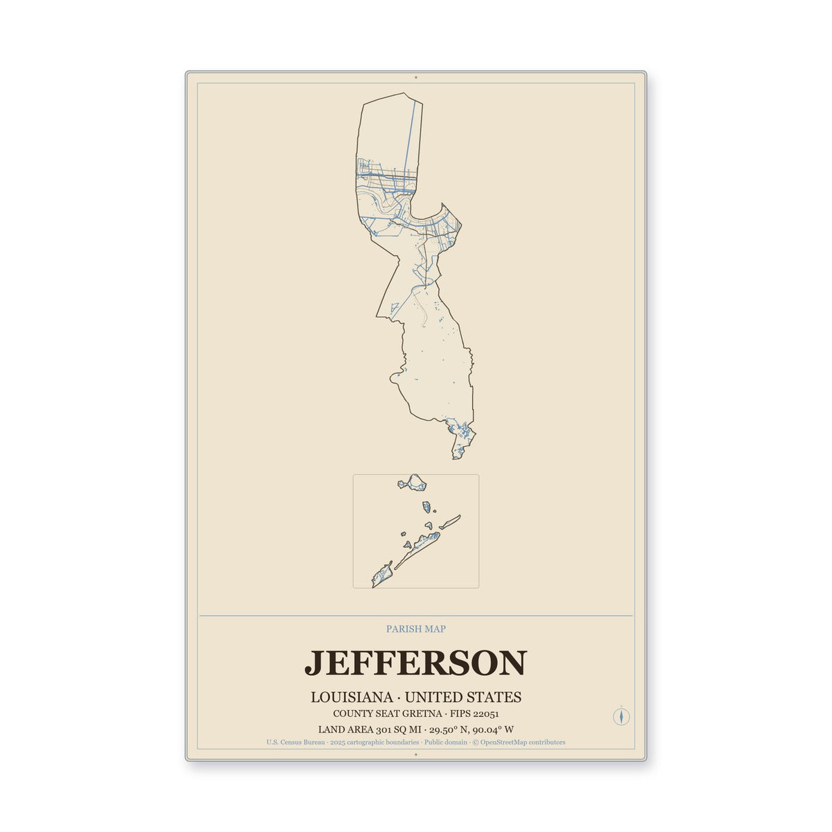 Jefferson Parish, Louisiana Map Aluminum Sign in Heritage Nautical style