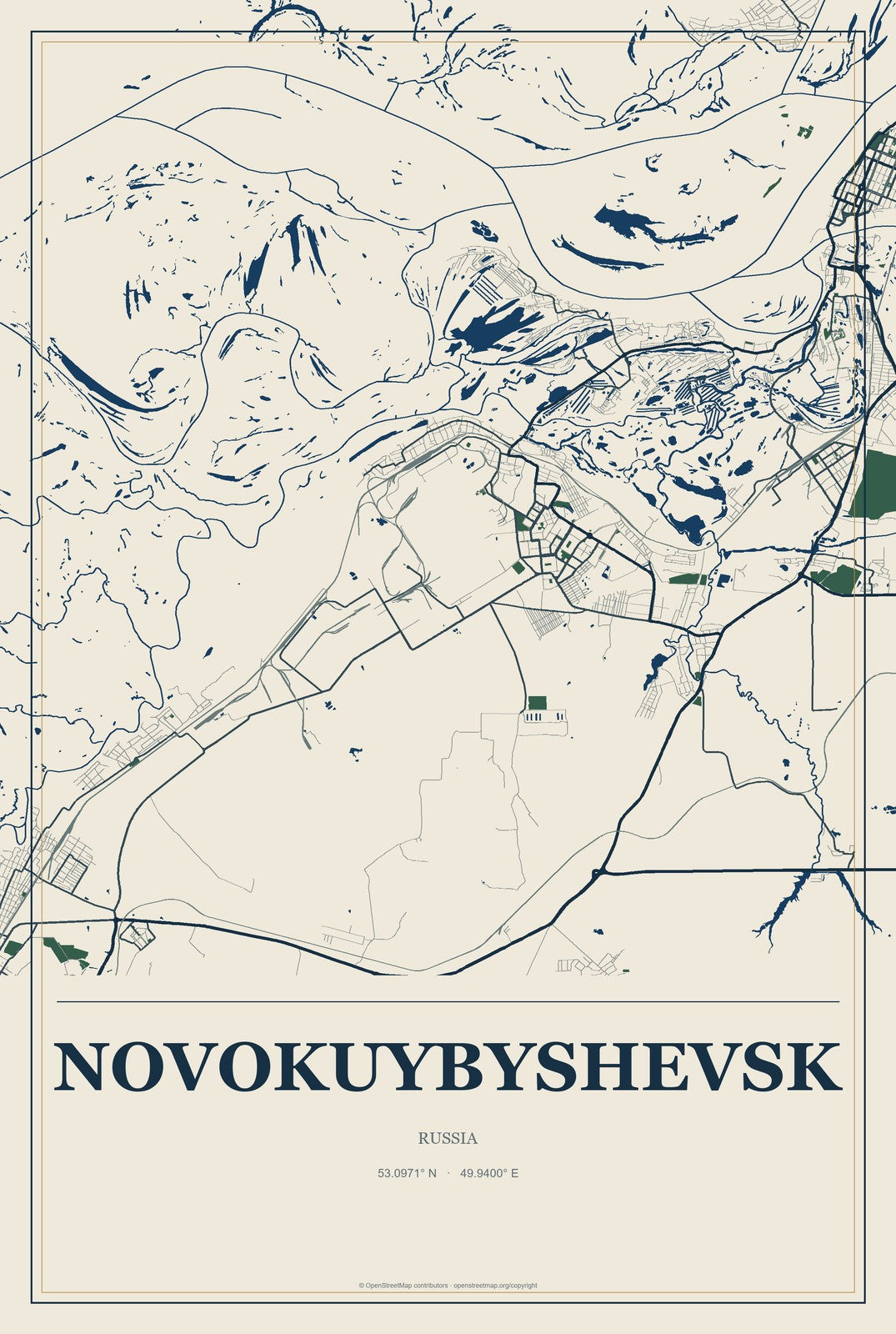 Novokuybyshevsk, Russia City Map Aluminum Sign in Coastal Cutout style