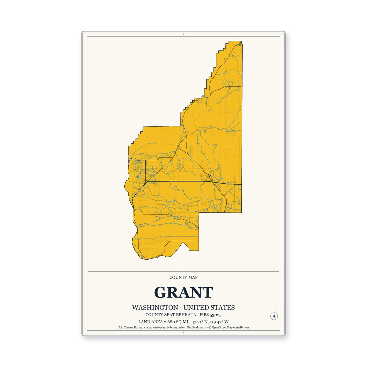 Grant County, Washington Map Aluminum Sign in Citrine Modern style