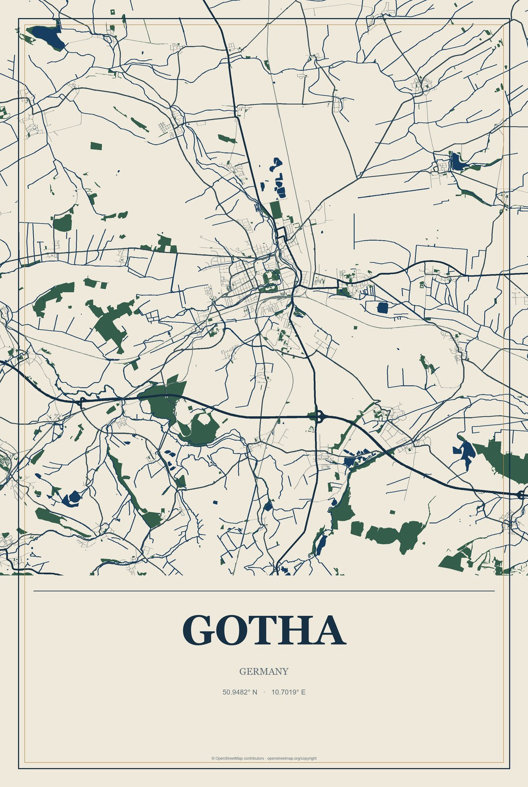 Gotha, Germany City Map Aluminum Sign in Coastal Cutout style